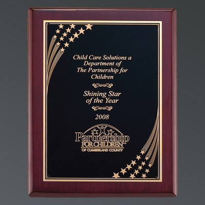 Premium Rosewood Piano Finish Plaque w/Florentine Shooting Stars on Black Plate, Medium (8"x10-1/2")